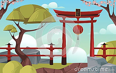Chinese garden or park landscape, vector banner Stock Photo