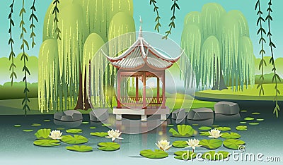 Chinese gazebo on the lake with water lilies and willows. Vector Illustration