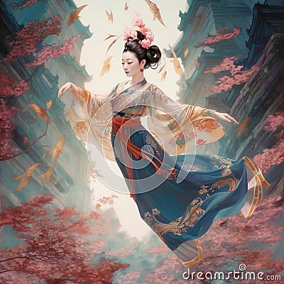 A chinese girl in traditional dress flying over the tress generative AI Stock Photo