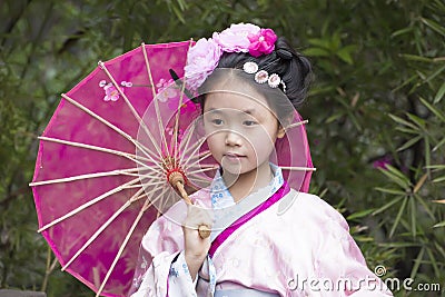 Girl with kimono and umbrella Editorial Stock Photo