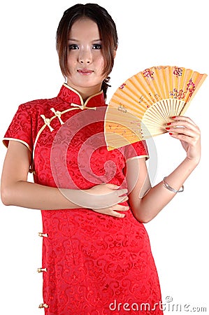 Chinese girl in traditonal dress with fan Stock Photo