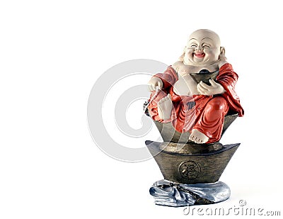 happiness chinese god statue smiling and sitting on antique gold ingot money isolated on white background with copy space Stock Photo