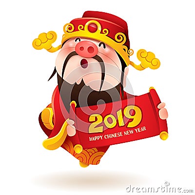 Chinese God of Wealth with a pig nose holds 2019 sign Vector Illustration