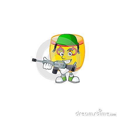 Chinese gold drum carton character in an Army uniform with machine gun Vector Illustration