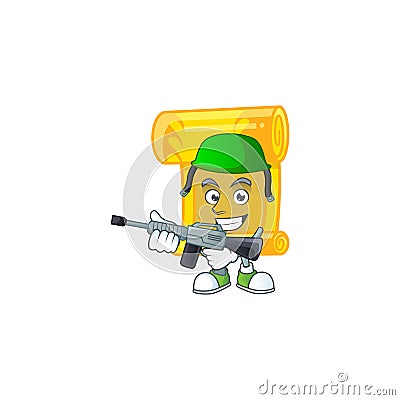 Chinese gold scroll carton character in an Army uniform with machine gun Vector Illustration