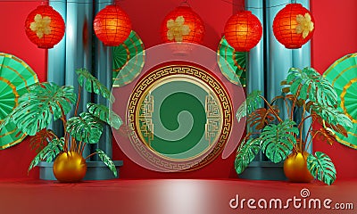 chinese golden gate decorated with red lanterns and tropical anthurium plant on a red background and three green pillar Stock Photo