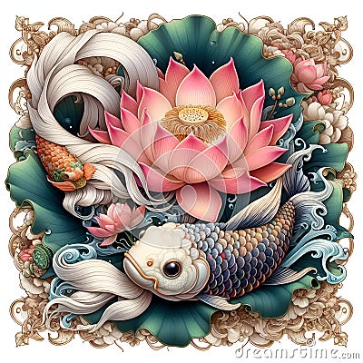 Chinese goldfish and a lotus flower, in a fantasy realistic design, white background, printable, symbol of wealth, prosperity Stock Photo