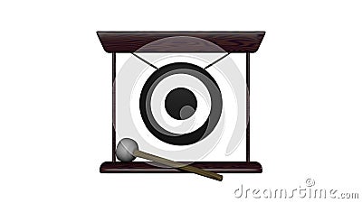 Chinese gong and hammer isolated, asian musical instrument Cartoon Illustration