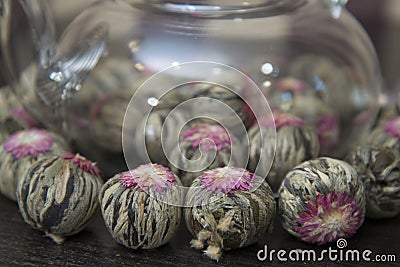 Chinese green tea in a transparent teapot. Stock Photo