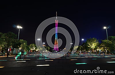 Chinese Guangzhou night cityscape with television tower illuminated Stock Photo