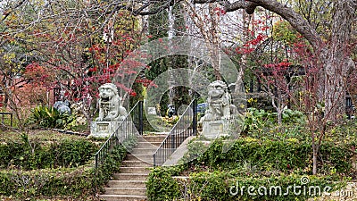 Chinese guardian Lions at the entrance to Dragon Park in the Oak Lawn neighborhood in Dallas, Texas. Stock Photo