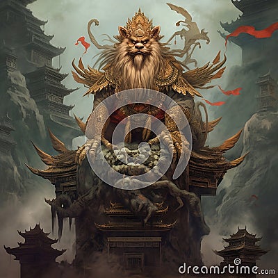 Chinese guardian lions. AI-generated. Stock Photo