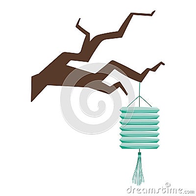 Chinese hanging lantern on branch tree isolated icon style Vector Illustration