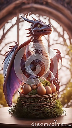 Chinese horned dragon sitting in its nest protecting its golden eggs ai created Stock Photo