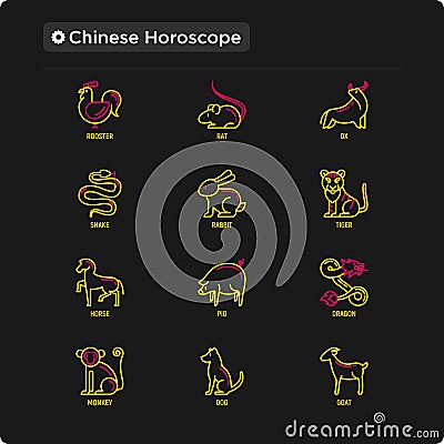 Chinese horoscope thin line icons set: rooster, ox, mouse, dragon, tiger, rabbit, pig, horse, dog, monkey, goat. Modern vector Vector Illustration