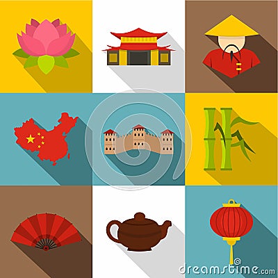 Chinese icon set, flat style Vector Illustration