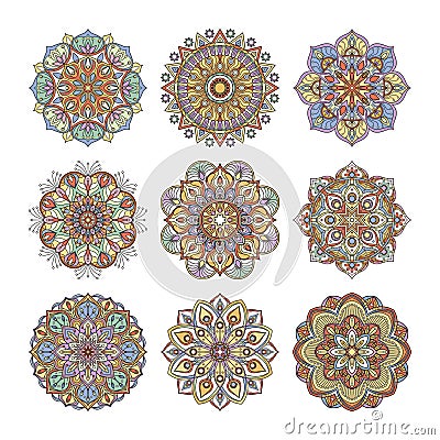 Chinese and indian floral pattern. Color indian mandalas set. Yoga illustrations isolate on white background Vector Illustration