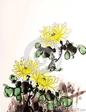 Chinese ink mum drawing Stock Photo