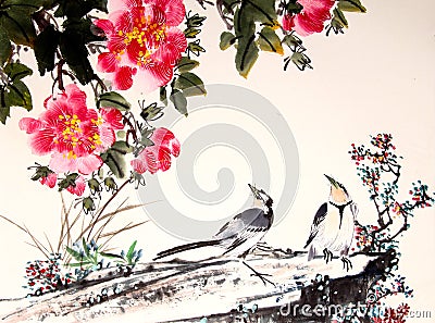 Chinese ink painting bird and tree Stock Photo