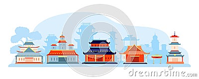 Chinese japanese buildings, temple and gates landscape. Tree, volcano and chinatown. Asia travel banner, oriental houses Vector Illustration