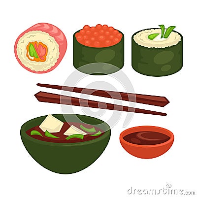 Chinese and Japanese delicious exotic food illustrations set Vector Illustration
