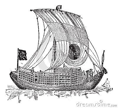 Chinese junk, an ancient sailing vessel, vintage engraving Vector Illustration