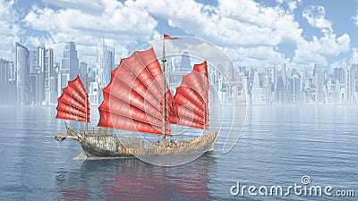 Chinese junk ship and city by the sea Cartoon Illustration