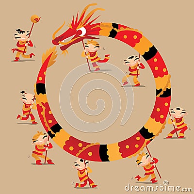 Chinese kids play dragon dancing to celebrate Chinese new year festival Vector Illustration