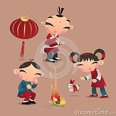 Chinese kids playing with their lanterns Vector Illustration