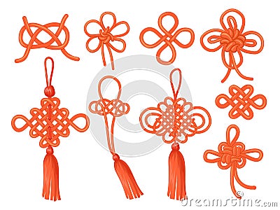 Chinese knots. Japanese knot stencil, traditional asian lucky auspicious symbol china endless ornament knotted ribbon Vector Illustration