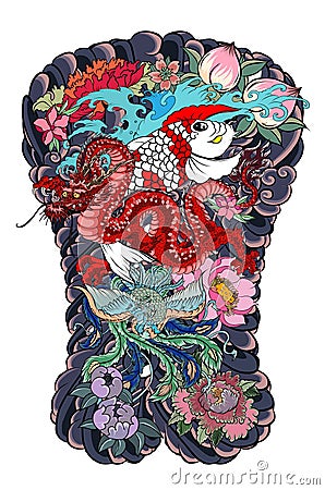 Koi carp with red dragon and peacock tattoo design.peach with peony and plum flower on cloud background.Traditional Japanese tatto Vector Illustration