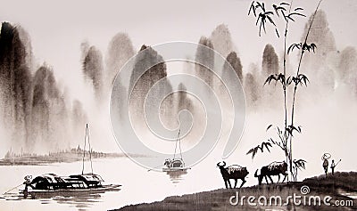Chinese landscape ink painting Stock Photo
