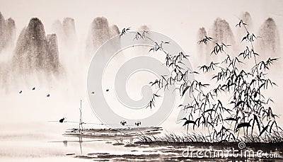 Chinese landscape ink painting Stock Photo
