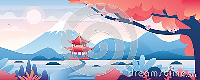 Chinese landscape vector illustration, cartoon asian traditional temple, pavilion or house with oriental pagoda in rural Vector Illustration