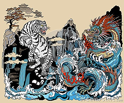 Chinese landscape with White Tiger and Azure Dragon at the Waterfall. Illustration Vector Illustration