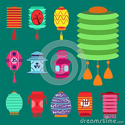 Chinese lantern collection vector set paper holiday celebrate graphic chinese celebration sign Vector Illustration
