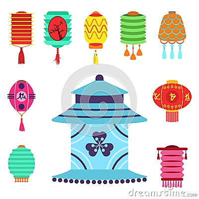 Chinese lantern collection vector set paper holiday celebrate graphic chinese celebration sign Vector Illustration