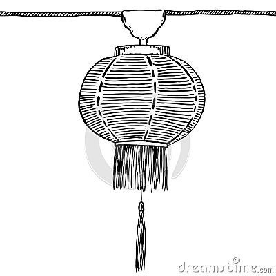 Chinese lantern on horizontally seamless rope, vector black and white illustration for coloring Vector Illustration