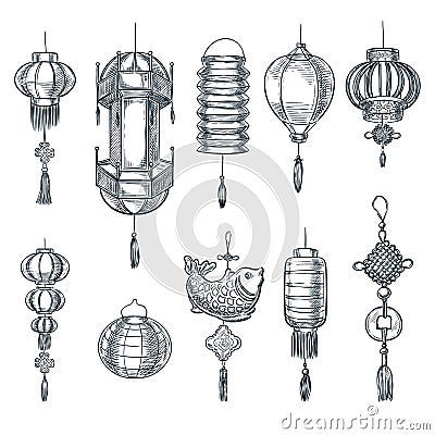 Chinese lantern vector sketch illustration. Traditional China holiday and festival decoration Vector Illustration