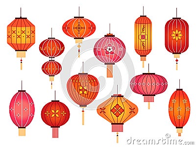 Chinese lanterns. Chinatown and japanese street holiday red lamp decoration. Asian traditional new year vector elements Vector Illustration