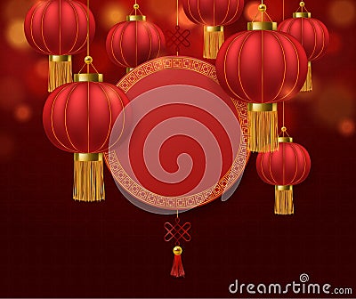 Chinese lanterns. Japanese asian 2020 rat new year red lamps festival 3d chinatown traditional realistic festive vector Vector Illustration