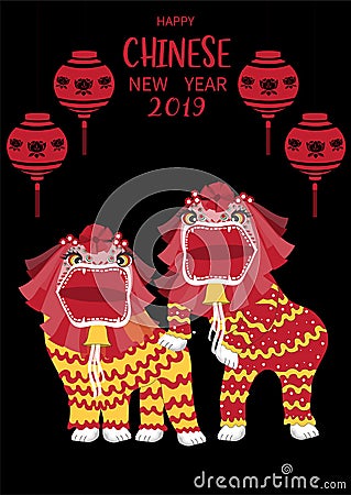 Chinese lion dance for Chinese new year 2019,Craft style, cards, poster, template, greeting cards, animals,Vector illustrati Vector Illustration