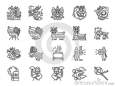 Chinese lion dance line icon set. Included the icons as performances, musician, lion dance, dragon dance, celebration and more. Vector Illustration