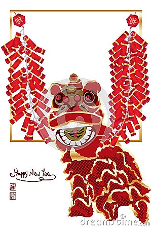 Chinese lion firecracker frame Vector Illustration