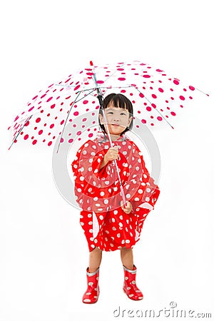 Chinese Little Girl Holding umbrella with raincoat Stock Photo