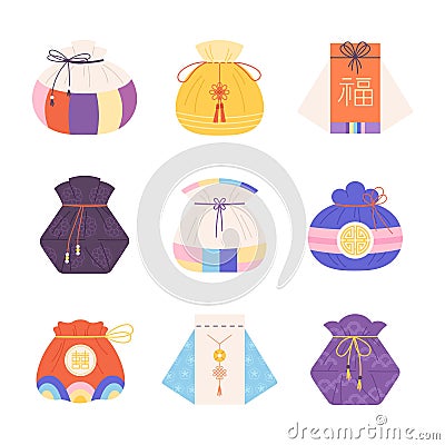 Chinese lucky bags. Art flat korean bag, gift or fortune symbols. Asian oriental tradition elements, fabric pockets Vector Illustration