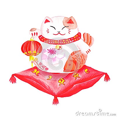 Chinese lucky cat sitting on the red pillow and holding the lantern Vector Illustration