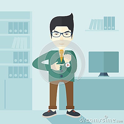 Chinese man is angry pointing his watch Vector Illustration