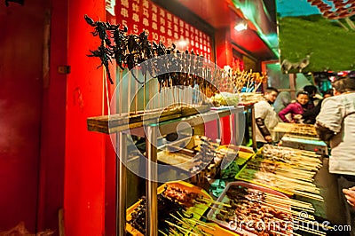 The Chinese market, fried scorpions, exotic food concept Editorial Stock Photo