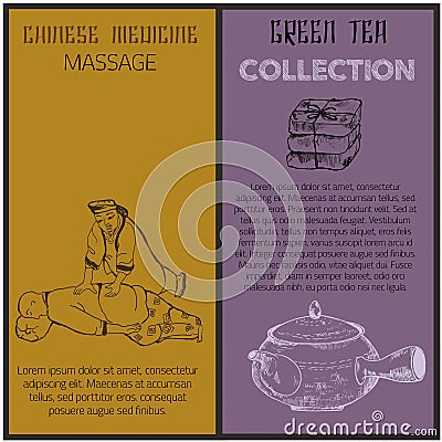 Chinese medicine banners, sketch ink pen vector illustration. Massage, medical plants in pot. Alternative medicine Vector Illustration